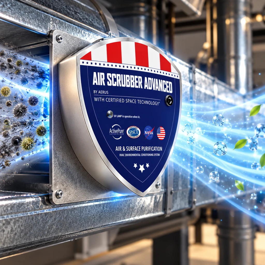 Air Scrubber Advanced installed in HVAC ductwork, illustrating air purification