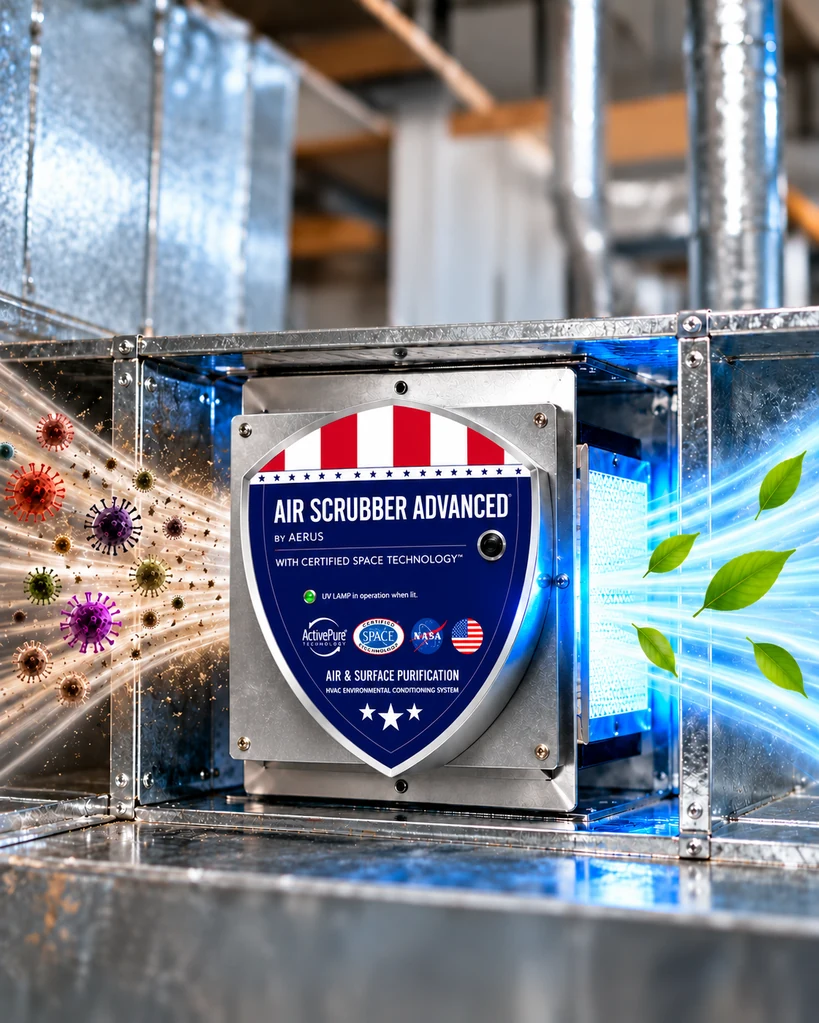 Air Scrubber Advanced installed in HVAC ductwork, illustrating air purification